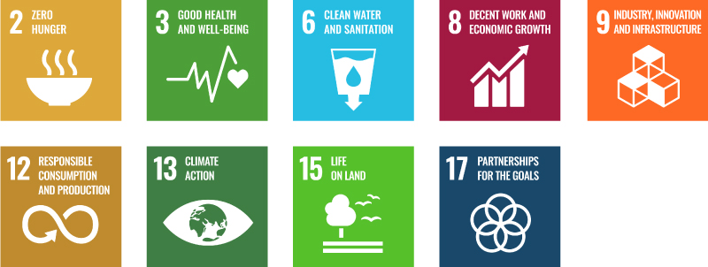 SDGs「2 Zero Hunger」「3 Good Health and Well-Being」「6 Clean Water and Sanitation」「8 Decent Work and Economic Growth」「9 Industry, Innovation and Infrastructure」「12 Responsible Consumption and Production、つかう責任」「13 Climate Action」「15 Life on Land」「17 Partnerships」