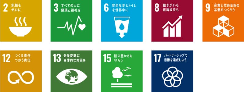 SDGs「2飢餓をゼロに」「3すべての人に健康と福祉を」「6安全な水とトイレを世界中に」「8働きがいも経済成長も」「9産業と技術革新の基盤を作ろう」「12つくる責任、つかう責任」「13気候変動に具体的な対策を」「15陸の豊かさも守ろう」「17パートナーシップで目標を達成しよう」